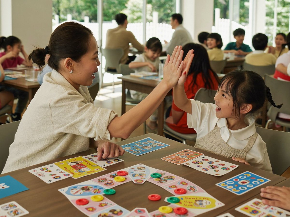 カードゲームでハイタッチする親子